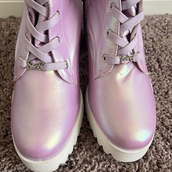 Iridescent Lace Up Knee-High Boots with Chunky Sole - Picture 4 of 9